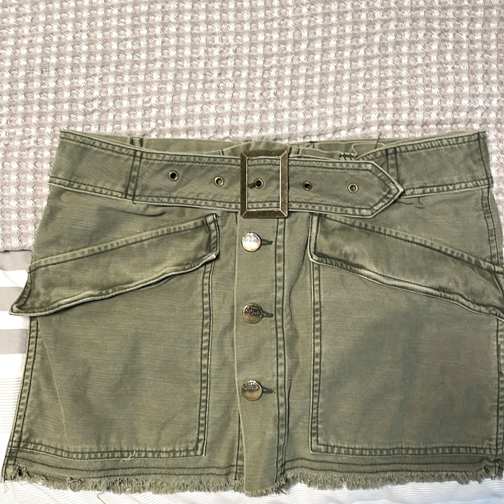 Free people green denim mini skirt buttoned and belted